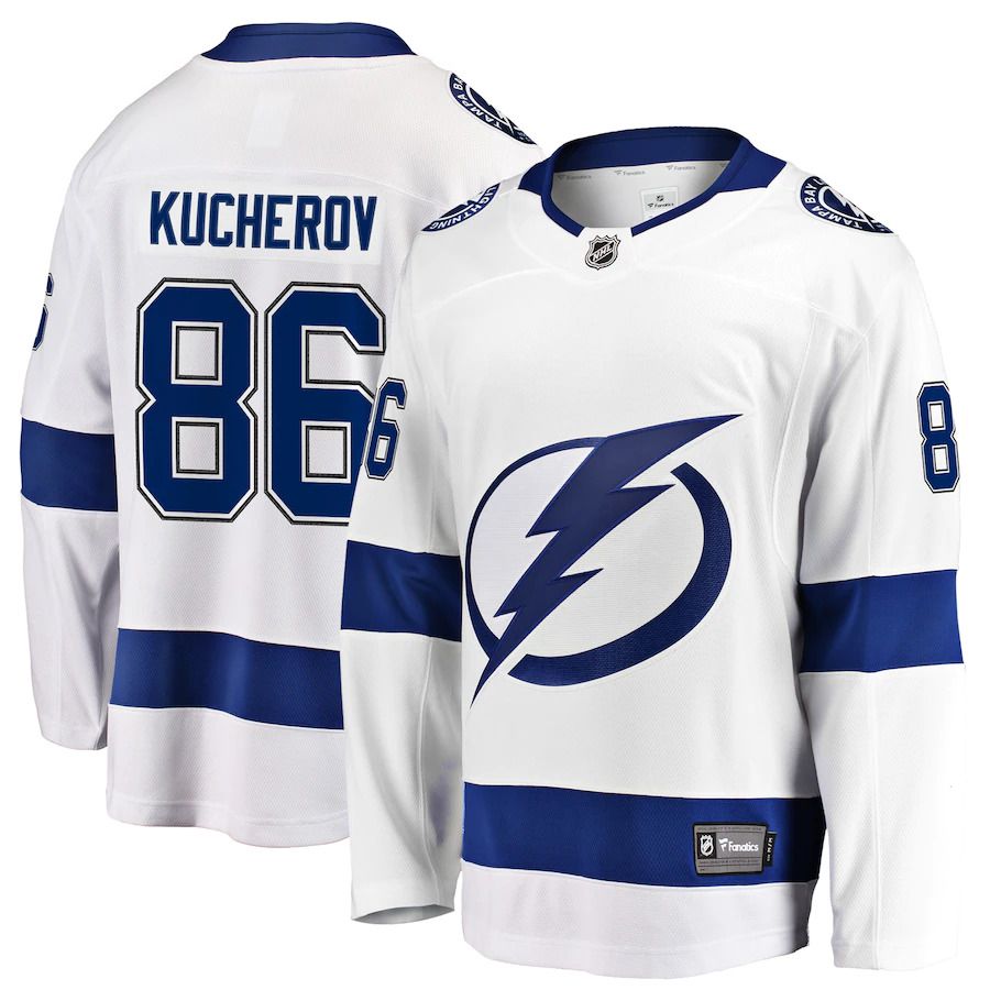 Men Tampa Bay Lightning 86 Nikita Kucherov Fanatics Branded White Away Premier Breakaway Player NHL Jersey